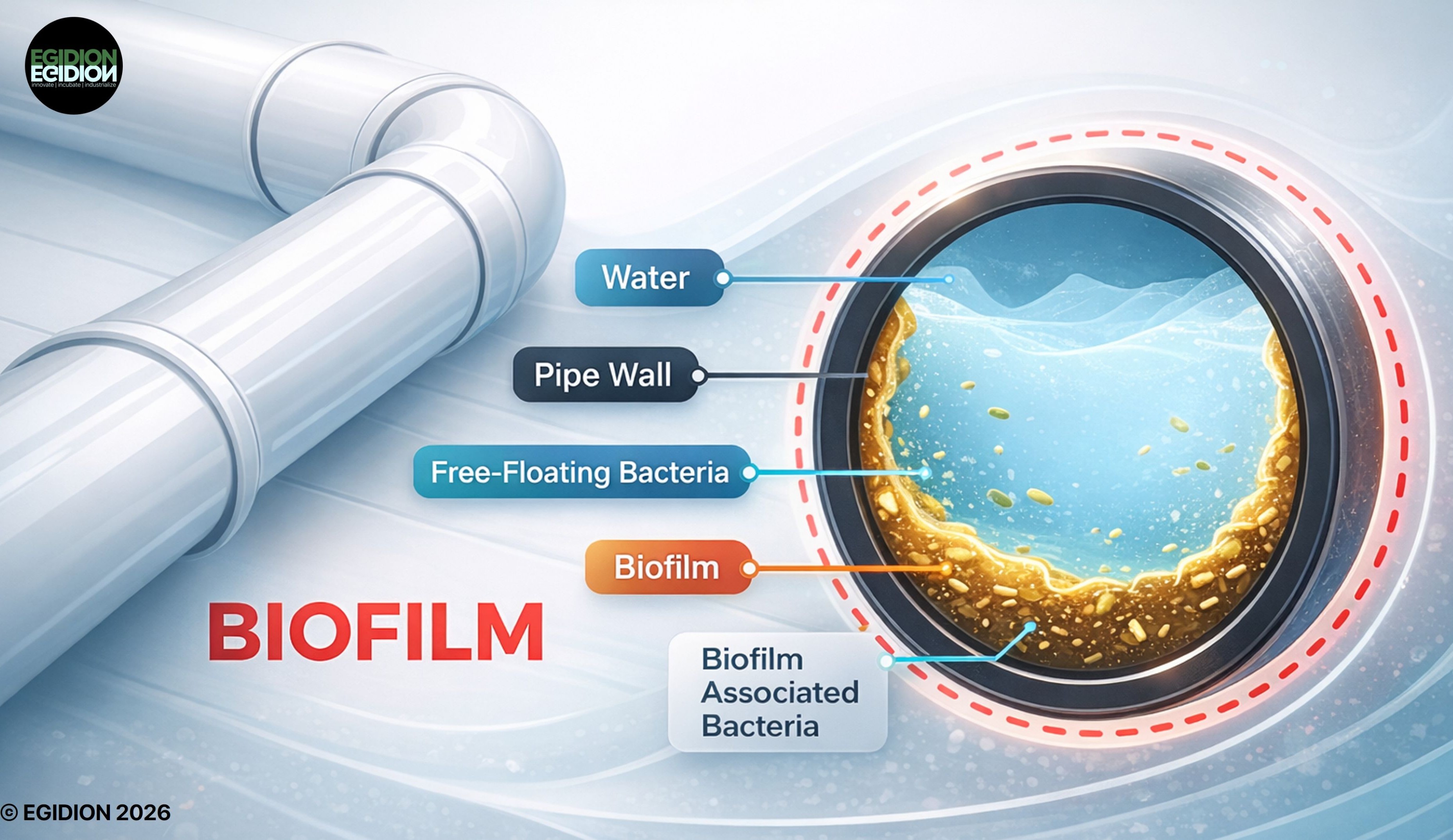 Biofilm formation stages showing adhesion, EPS formation, and colony development